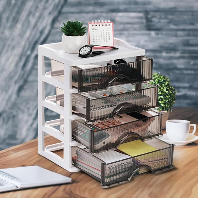 WRINGKIT Desk Organizer with 4 Drawers, Plastic Desk Storage Box, Desktop Storage Unit for Office Home Art Supplies, Bathroom, Countertop, Study, Makeup Stationary Organizer