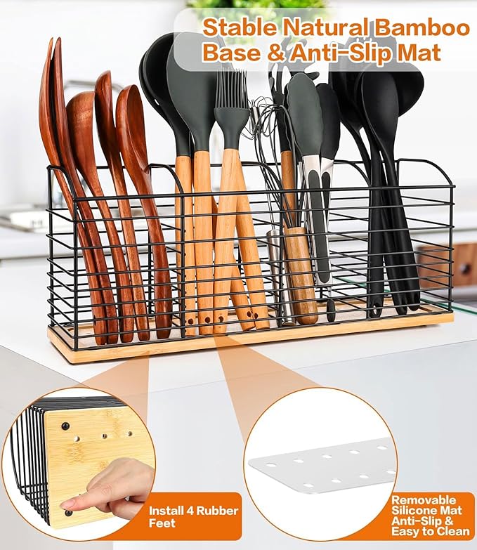 Extra Large Utensil Holder for Kitchen Counter - 15.7"x 6.7"x 4.4", Aesthetic Design, Anti-Slip Mat, 4 Compartments, Black Cooking Utensil Organizer for Countertop, Spatula Utensil Caddy