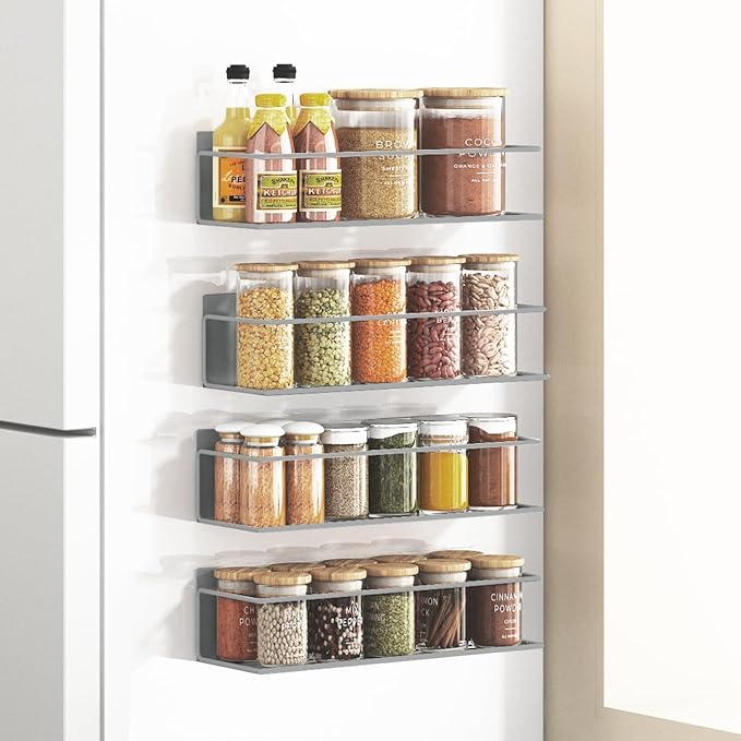 Magnetic Spice Rack For Refrigerator, Space Saving Magnetic Shelf For Fridge Grey 4 Pack