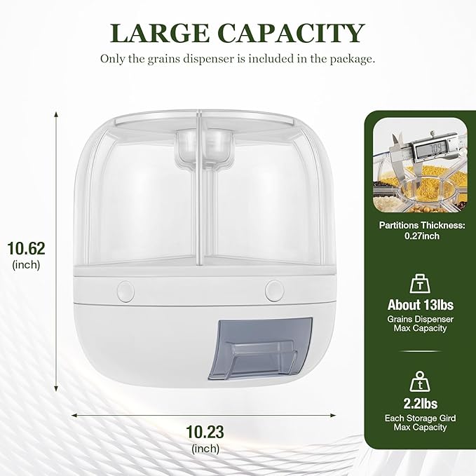 Rice Dispenser, 6 Grid 360° Rotating Rice Container Cereal Holder with Lid & Measuring Cup, Grain Storage Organizer for Kitchen Countertop Dry Food, White, 6kg/13lbs