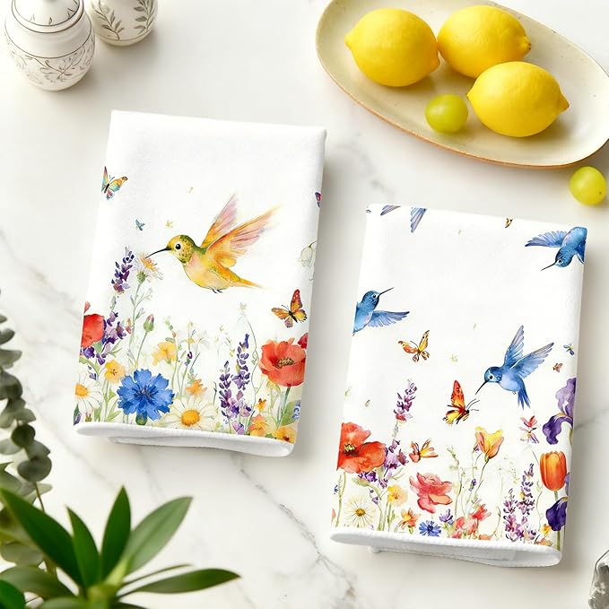 4Pcs Hummingbird Flower Kitchen Towels-16×24in Spring Dish Towels, Super Absorbent Wildflower Hand Towels for Holidays Decor Easter Mother‘s Day Gifts