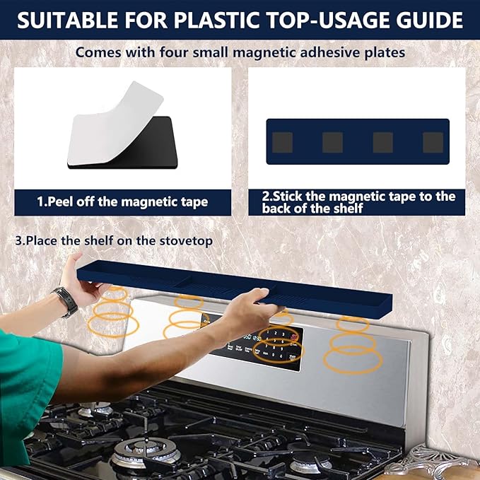 AWOKE Stove Top Shelf 30 Inch - Silicone Material Magnetic Shelf for Stove - 3 Functional Partitions Kitchen Spice Rack Organizer-Navy Blue,Kitchen Gadgets Storage Organization