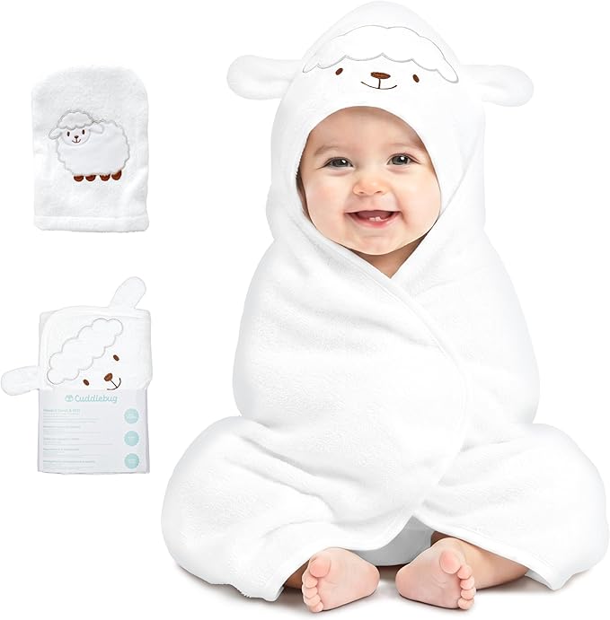 CuddleBug Premium Hooded Baby Bath Towel & Washcloth Set (Bear) - 100% Cotton Terrycloth Hooded Baby Towels for Newborn & Toddler - Super-Soft & Absorbent, Newborn Essentials (33" x 33") - White Lamb