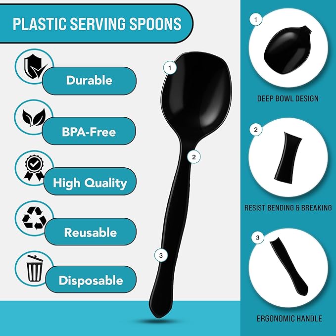 8.5" Black Plastic Serving Spoons for Buffet, Bulk 36 Count, Heavy Duty Disposable Spoon, Large Plastic Serving Utensils for Catering Supplies, Events, Party, Weddings & More – C&S Event Supply Co.