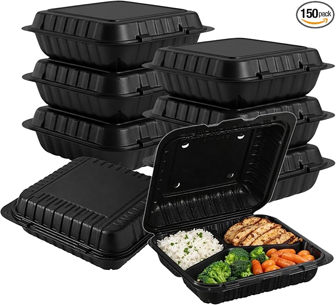 Front Lock MFPP Hinged Food Containers, 8" x 8" Black Vented Clamshell – 3 Compartment Disposable Takeout Boxes, Durable Microwaveable Containers for Restaurants & Food Service – 150 Pack