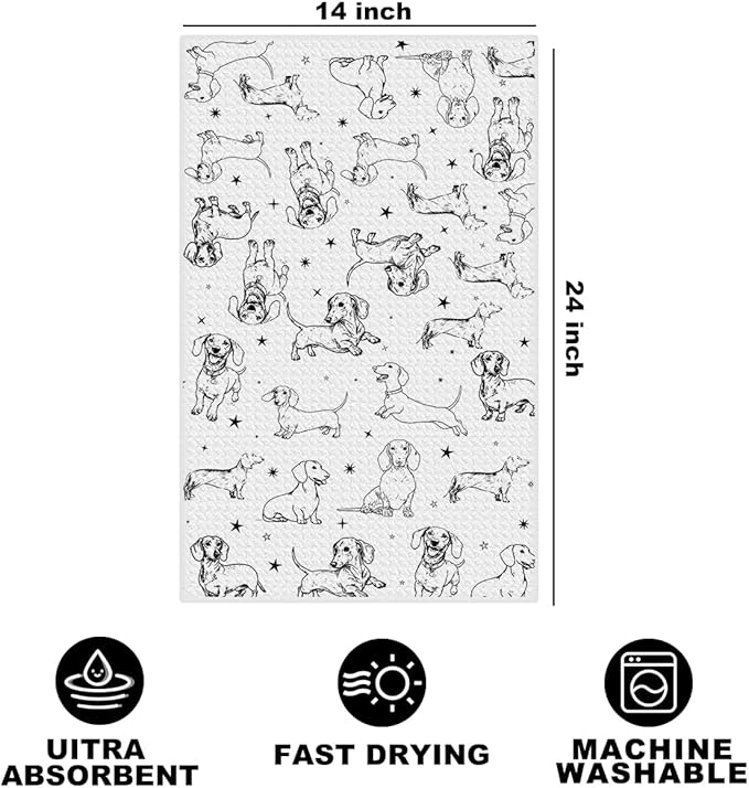 Jztco Cute Dachshund Kitchen Towels 24x14 Inch, Dachshund Gifts Reusable Dish Towels for Kitchen Bathroom Decor, Waffle Weave Hand Cloth Tea Towel, Cute Weiner Dog Gifts for Women Mom