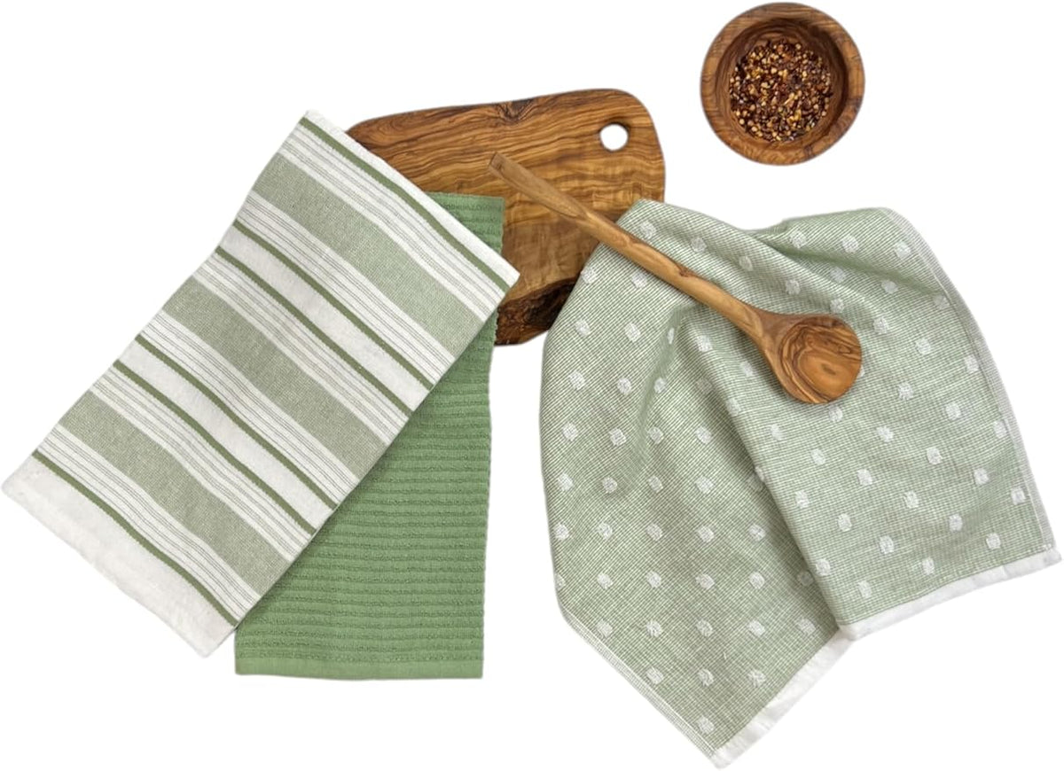 Sage Green White Kitchen Hand Dish Towels: Oversized 28" x 16",100% Cotton Cloth Soft Cleaning Drying Absorbent Striped Solid Polka Dot Design, Set of 3 Multipurpose for Everyday Use (Green Austin)