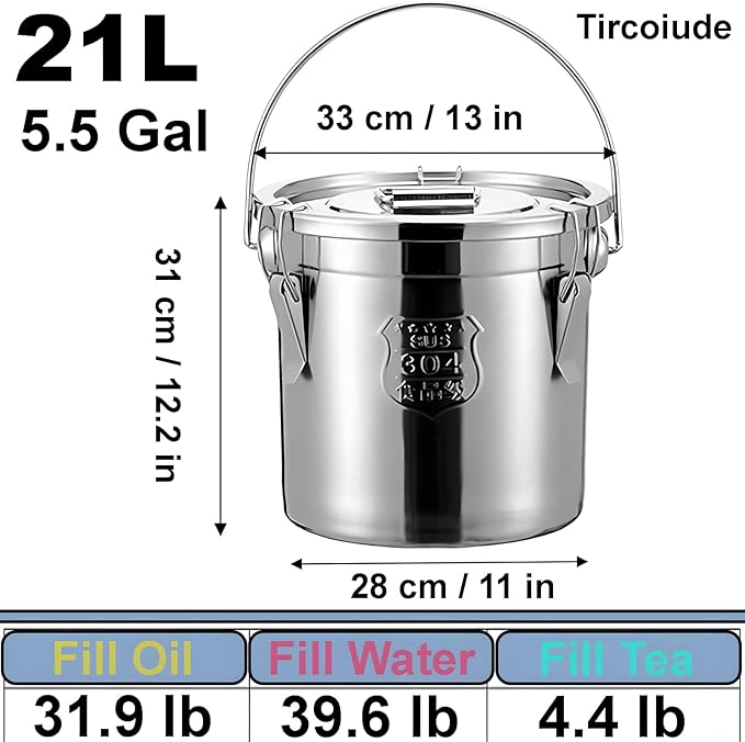 21L/5.5 Gal 304 Stainless Steel Containers with Lids 716 Oz Kitchen Airtight Canisters Stainless Steel Bucket Metal Food Storage Rice Containers Flour Storage Airtight Container