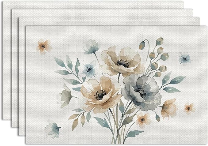 Neutral Poppy Floral Spring Placemats Set of 4, Wipeable Washable Non-Slip Heat Resistant Linen Fabric Rectangle Table Mats, Boho Minimalist Decor for Indoor Outdoor Party Kitchen Dining