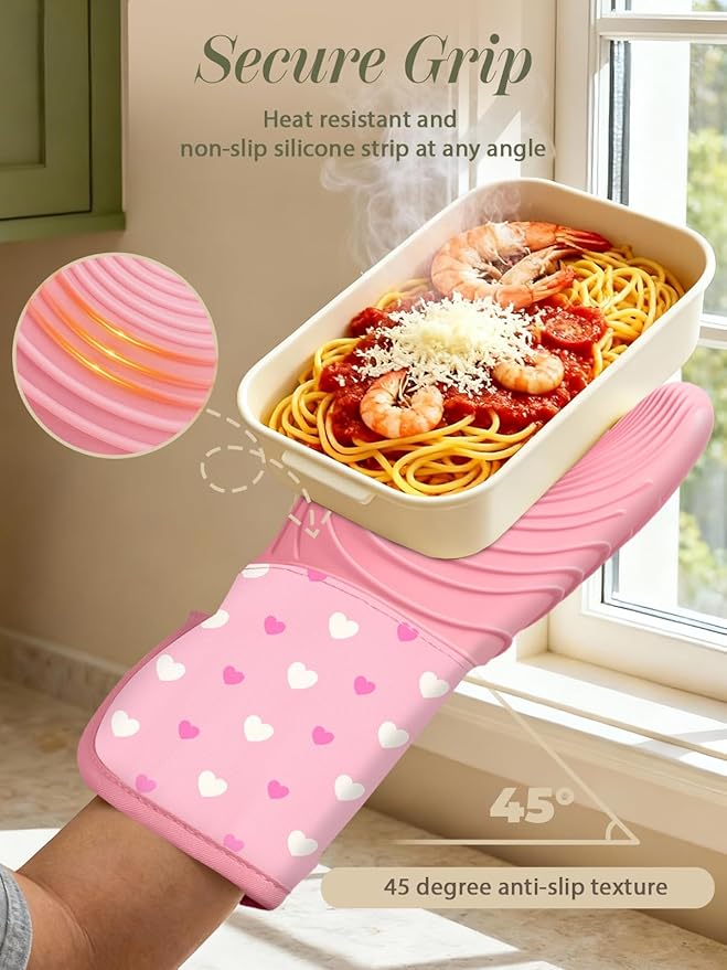 Slohif Long Silicone Oven Mitts Heat Resistant for Women - 2 Pcs Heart 100% Cotton Oven Gloves, Non-Slip and Waterproof Silicone Oven Mitts with Hanger for Baking and Cooking