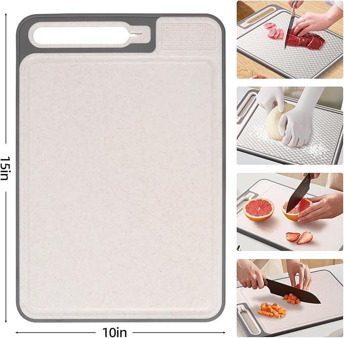 2 In 1 Cutting Boards Non Toxic for Gourmet Kitchen Aficionados - 304 Stainless Steel and Food Grade Wheat Straw Double Sided Design - Scratch-Resistant Mesh - Easy-Clean With Juice Groove (15”×10”)