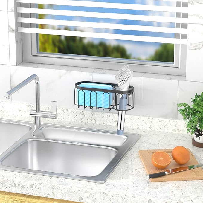 Yazoni 2-in-1 Sponge Holder for Kitchen Sink, Sink Caddy Kitchen Sink Organizer with 3 Suction Cups, No Drill Rustproof Sink Sponge Holder for Dish Brush, Soap & Sponge (Black)