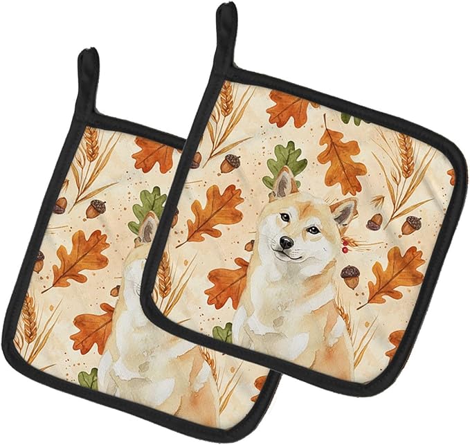 Caroline's Treasures Cream Shiba Inu Heirloom Fall Pair of Pot Holders Pair 7.5x7.5 Quilted Insulated Hot Pads Decorative Kitchen Gift Made in USA
