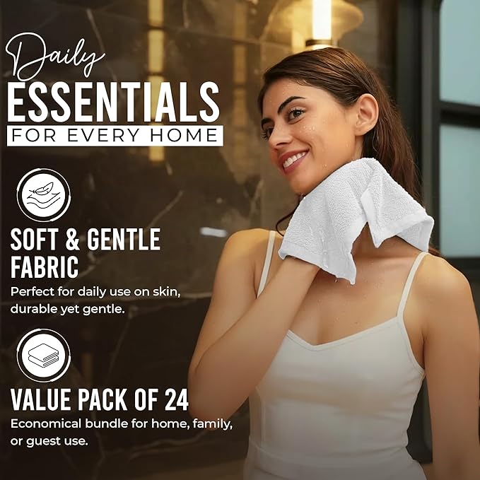 RIVERSIDE Pack of 24 Wash Cloths for Showering, 12 x 12 Inches, Super Soft & Absorbent, 100% Cotton Washcloths Premium Quality Flannel Face Cloths for Bathroom, Gym, Spa (White, 24 Pack)