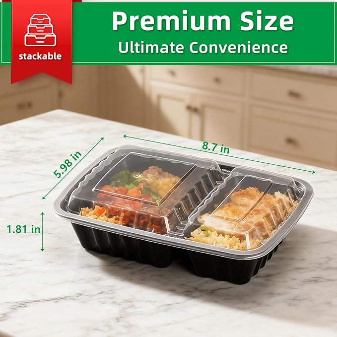 Meal Prep Containers 2 Compartment 50 Pack, 28 oz Divided Reusable Food Storage Containers with Lids Takeout Food Storage Black, Microwave Dishwasher Freezer Safe, Stackable, BPA Free
