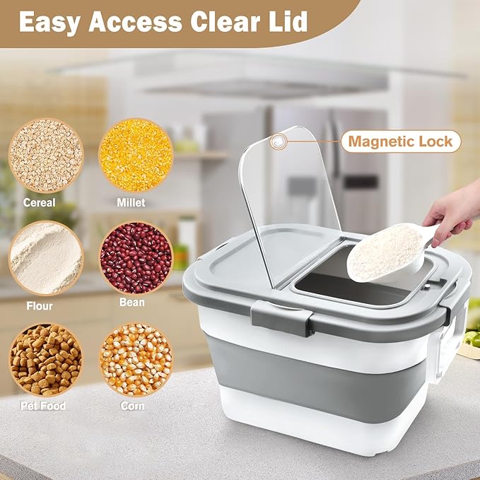 Komzon Rice Storage Container, Collapsible Airtight Food Storage Containers 20-30 Lbs, Rice Dispenser Bin with Cup and Scoop for Flour Cereal Pasta Grain, Cat Bird Pet Dog Food Storage Container