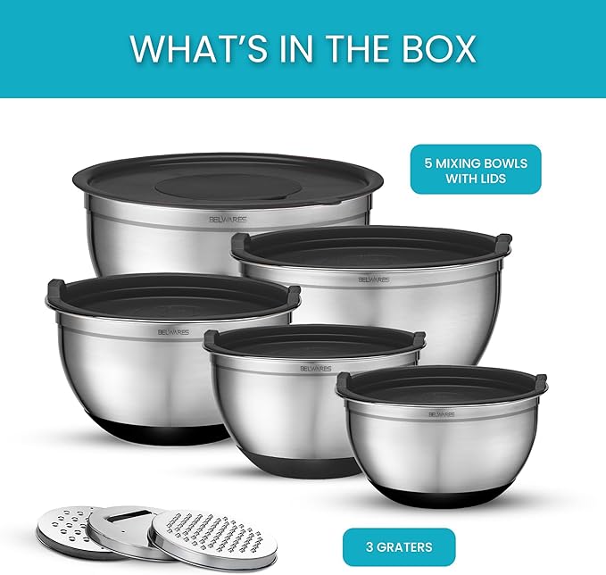Belwares Mixing Bowls with Lids Set of 5 - Stainless Steel Mixing Bowl Set, Kitchen Nesting Metal Bowls with Non Slip Bottoms + 3 Grater Attachments, Airtight Lids, Food Prep + Storage, Matte Black