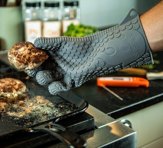 Jolly Green Products Ekogrips Premium Grilling Gloves Heat Resistant BBQ Gloves for Indoor and Outdoor Cooking, Meat Handling Gloves, Kitchen Oven Gloves with Fingers, Silicone Oven Mitts - Grey