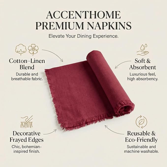 ACCENTHOME Burgundy Cotton Linen Napkin Set of 12 18x18 inch Dinner Napkins - Washable Soft Premium Hotel Quality Reusable Hemmed Edges Napkins Perfect Table Linens for Family Dinners, Weddings
