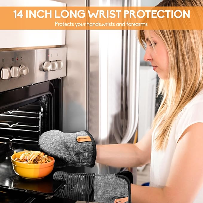 TIPTAP Kitchen Oven Mitts 4pcs Set- Non-Slip Cotton Oven Mitt & Pot Holders – Heat Resistant, Durable & Machine-Washable -One Long Mit, Two Mini Oven Mitts & One Pot Holder (Black)