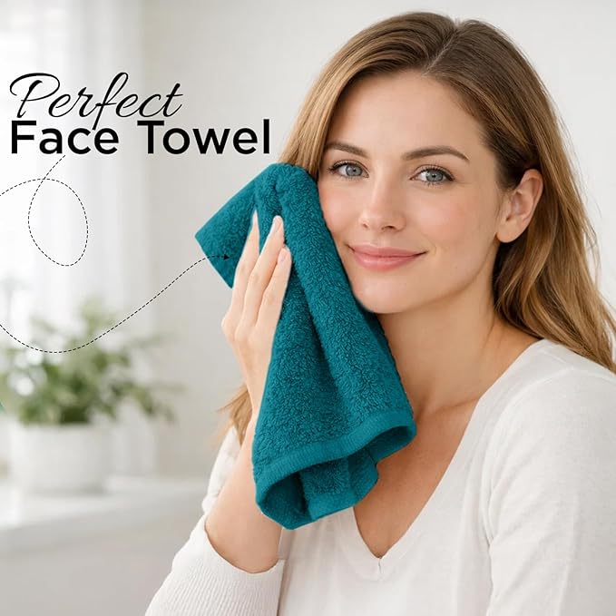 DAN RIVER 12-Pack Premium 100% Cotton Teal Face Towels for Bathroom - Reusable Face Wash Cloths for Showering 12x12 Inches - 550 GSM Super Soft & Absorbent Luxury WashCloths for Body, Spa & Gym