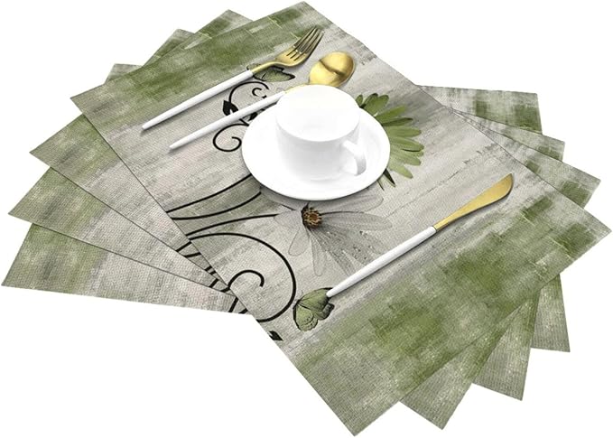 Floral Place mats Set of 4, 12x18 Inches Rustic Sage Green Daisy Flower Decorative Placemats Rectangle Floral Linen Table Mats for Party Home Kitchen,Dining Table Decoration