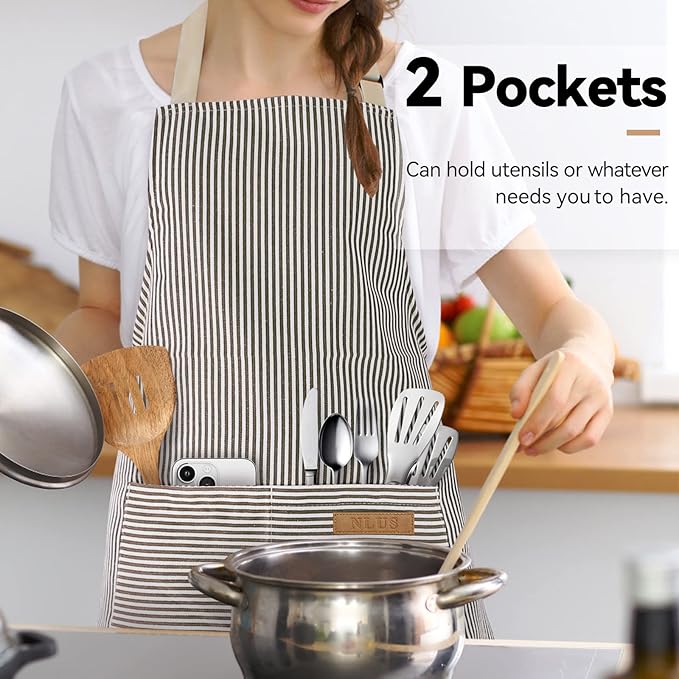 NLUS 2 Pack Kitchen Cooking Aprons, Adjustable Bib Soft Chef Apron with 2 Pockets for Men Women(Black/Brown Stripes)