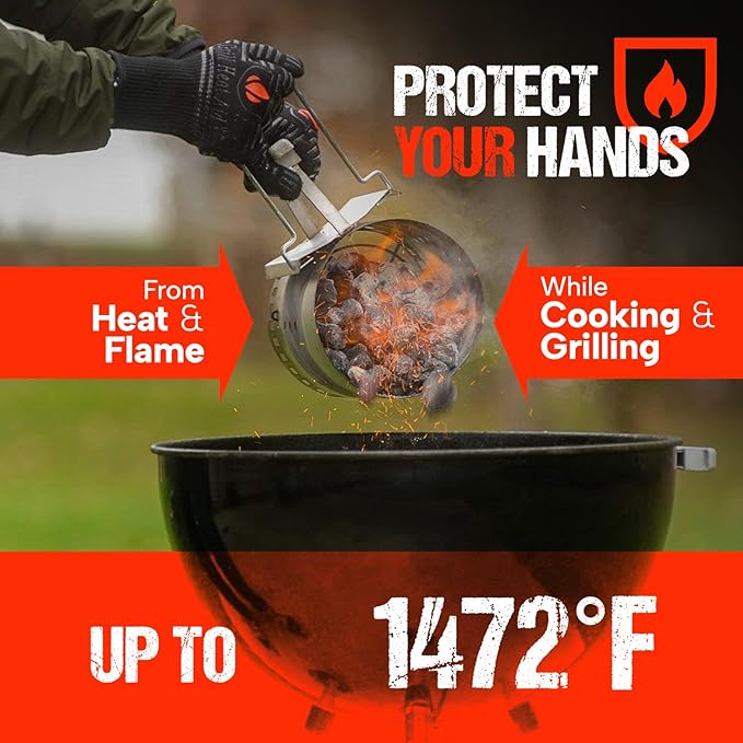GRILL HEAT AID Extreme Heat Resistant BBQ Gloves - 1472°F Grill Gloves Heat Proof for Men EN407 Certified Fireproof Grilling Gloves for Fire Pit & Smoker, High Temp Grill Mitts for Outdoor Pizza Oven