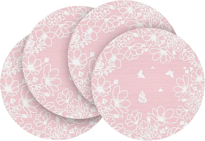 Artoid Mode Pink Leaves Vinyl Round Placemats Set of 4, 14 Inch Washable Non-Slip Heat Resistant Woven Plastic Spring Table Mats for Party Kitchen Dining Decor