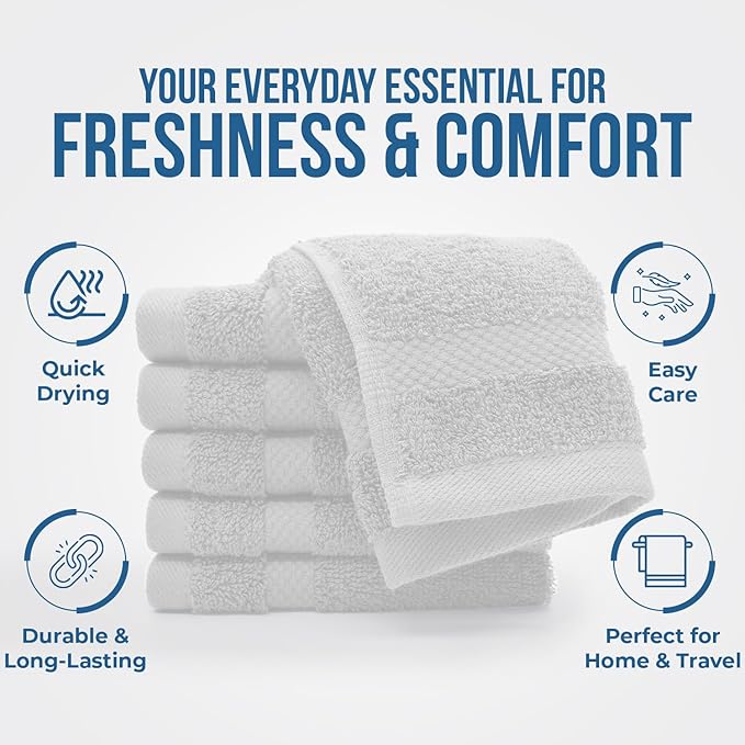 DAN RIVER 12-Pack Premium 100% Cotton White Face Towels for Bathroom - Reusable Face Wash Cloths for Showering 12 X 12 Inches - 550 GSM Super Soft & Absorbent Luxury WashCloths for Body, Spa & Gym
