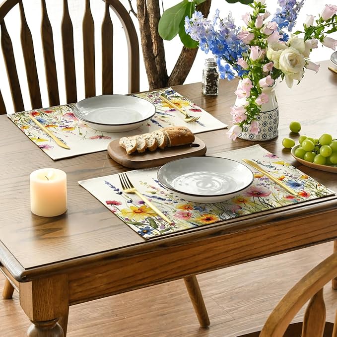 Artoid Mode Daisy Lavender Floral Leaves Spring Placemats Set of 4,12x18 Inch Seasonal Spring Table Mats for Party Kitchen Dining Decoration