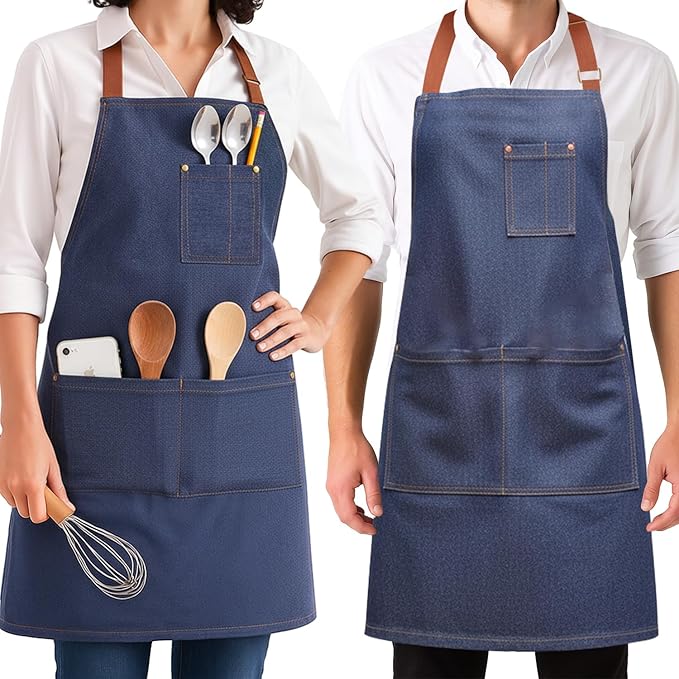 2 Pack Denim Apron with Pocket Adjustable Blue Jean Work Apron for Women Men Kitchen Chef Baking Gardening BBQ Cooking Crafting Woodworking