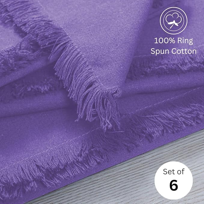 Cloth Dinner Napkins with Fringes 20x20 Inch 100% Cotton Set of 6 - for Dining Special Occasions Wedding Holidays Easter - Soft Durable Washable - Elegant Table Cloth Napkins Lavender/Purple