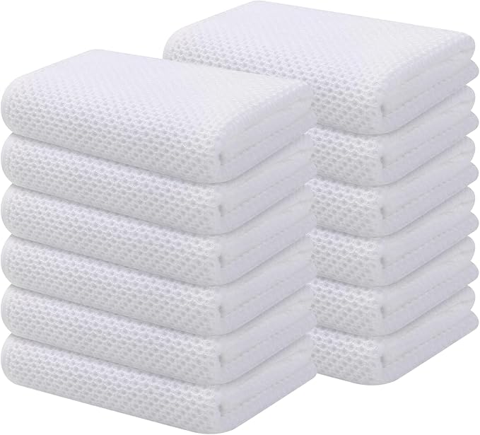Kitinjoy 100% Cotton Waffle Weave Kitchen Hand Towels (13 X 28 Inches, White), 12-Pack Super Soft and Absorbent Dish Towel for Drying Dishes