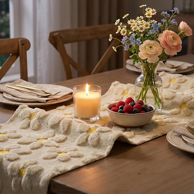 Artoid Mode Beige Soft Plush Faux Fur Jacquard Embroidery Daisy Spring Table Runner, Kitchen Dining Table Decoration for Home Party Decor 13x120 Inch