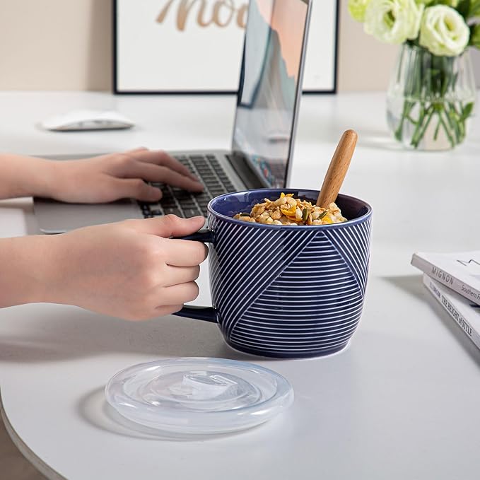 Ceramic Soup Bowl with Lid & Handle: 32 oz Microwave Safe Food Container for Ramen Noodles Cereal Leftovers - Extra Large Mugs for Breakfast Lunch Picnic Camping - Navy, Set of 1