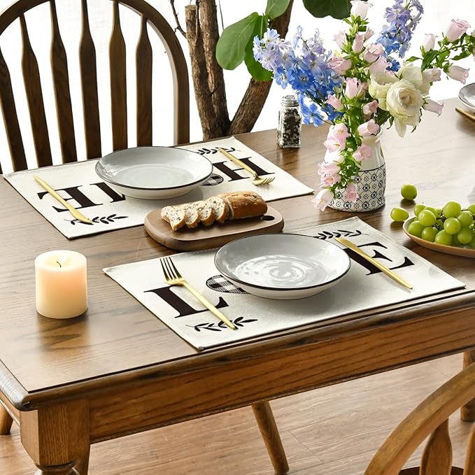 Artoid Mode Love Family Together Home Buffalo Plaid Placemats for Dining Table, 12 x 18 Inch Holiday Vintage Thanksgiving Washable Table Mat Set of 4