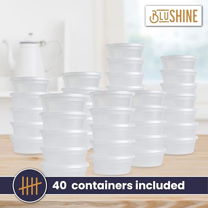 BluShine [40 Sets] 8 oz. Plastic Deli Food Storage Containers with Airtight Leak Proof Lids - Reusable - Microwave, Fridge, and Freezer Safe