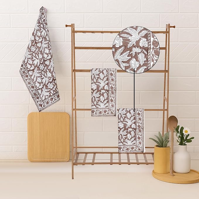 Ridhi Oak Brown Hand Block Print Waffle Kitchen Towel Set of 3-16 x28 Ultra Absorbent Quick Dry 100% Cotton Dish Towels Lightweight Reusable Sustainable Tea Towels for Cleaning and Drying