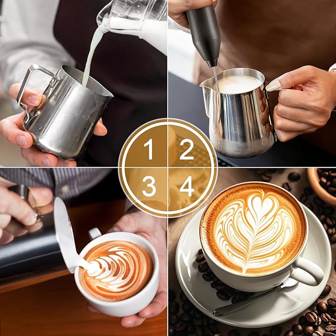 Powerful Milk Frother - Electric Handheld Milk Foam Maker with Stand, Milk Jug and 2 Stainless Steel Whisks, Rechargeable 3 Speeds for Coffee Lattes Cappuccino Matcha