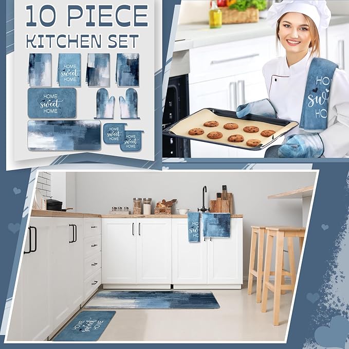 Fourluoo 10 Pcs Blue and Grey Kitchen Decor Oven Mitts and Pot Holders Kit Grey White Dish Towels Kitchen Rugs Modern Abstract Geometric Pattern Oven Glove for Home Decor Baking Cooking Birthday Gift