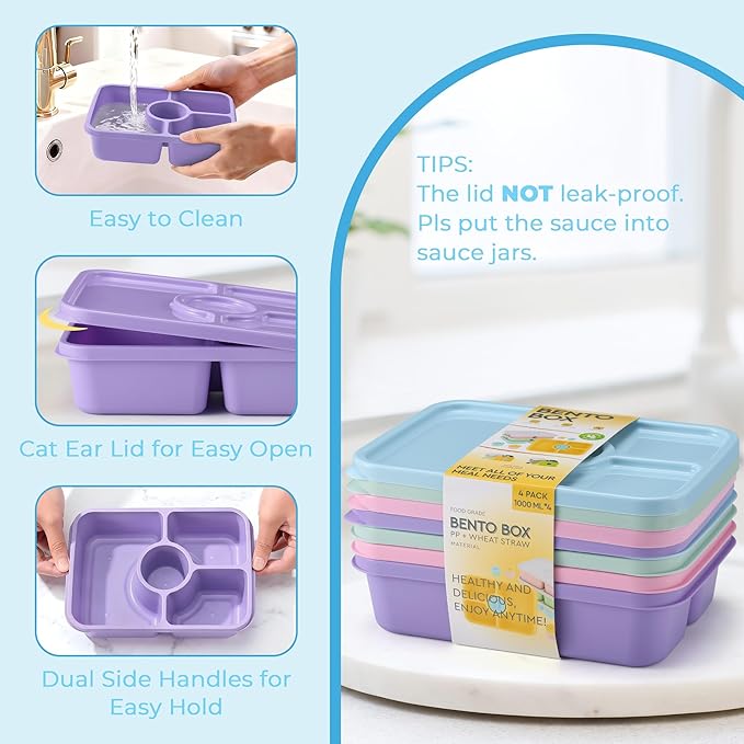Bento Snack Box Containers, Reusable Meal Prep Lunch Containers for Adults Kids, Stackable Bento Snack Box 4 Pack, Divided Lunchable Food Storage Containers with Sauce Container, Dreamy Pink