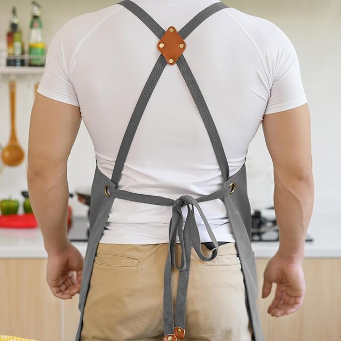 Aoomzoon Canvas Aprons for Men Chef Apron, Work Apron with Large Pockets - 16oz Heavy Duty Cross Back, BBQ, Cooking