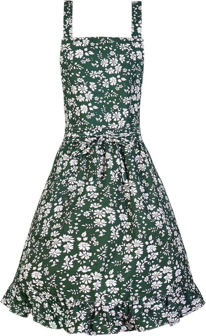 Pinknoke Vintage Pinafore Apron Dress for Women with Pockets Cute Floral Chef Aprons for Kitchen Cooking Baking Gardening