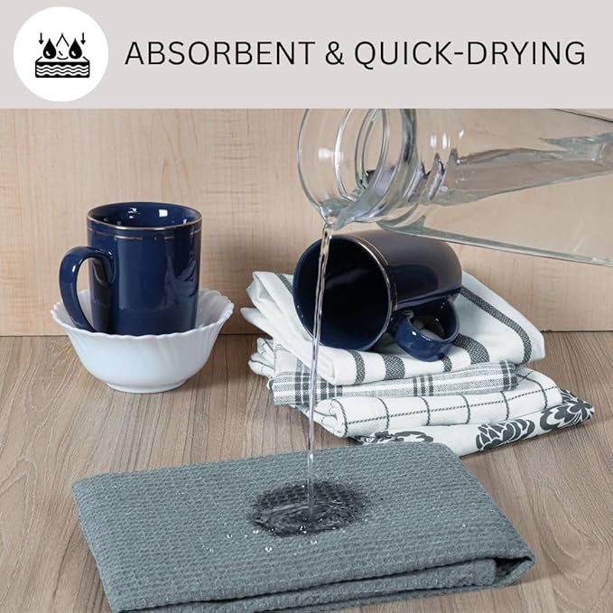 Assorted Kitchen Towels 100% Cotton 16x26 Inch - Super Absorbent, Soft & Quick Drying, Multi-Purpose for Drying & Cleaning, Ideal for Kitchen & Home Use, Set of 5 Low-Lint Dish Towels Grey