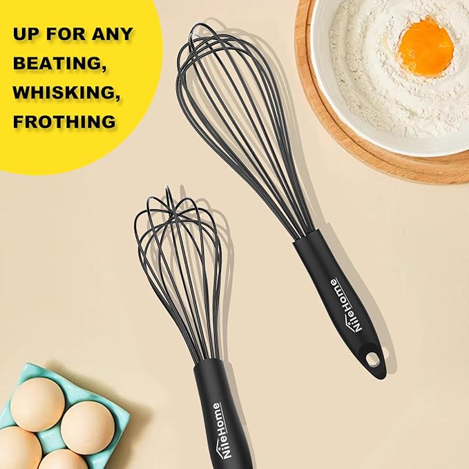 NileHome Silicone Whisk Set 8" 10" Kitchen Whisk Kitchen Wisk Wire Whisks for Cooking, Whisking, Blending, Beating, Stirring-Black