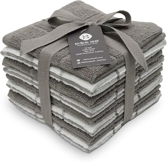 100% Cotton Terry Dish Cloth & Dish Towel, 8 Pack, Super Soft and Absorbent Kitchen Towels, Perfect for Kitchen Cleaning and Dish Washing (Grey (Solid and Checks) 8 Pack)