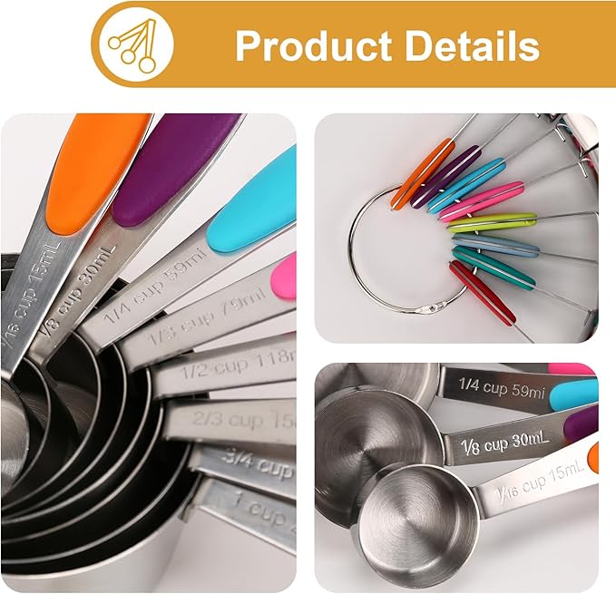 Stainless steel measuring cup set, consisting of 8 cups, suitable for cooking and baking.