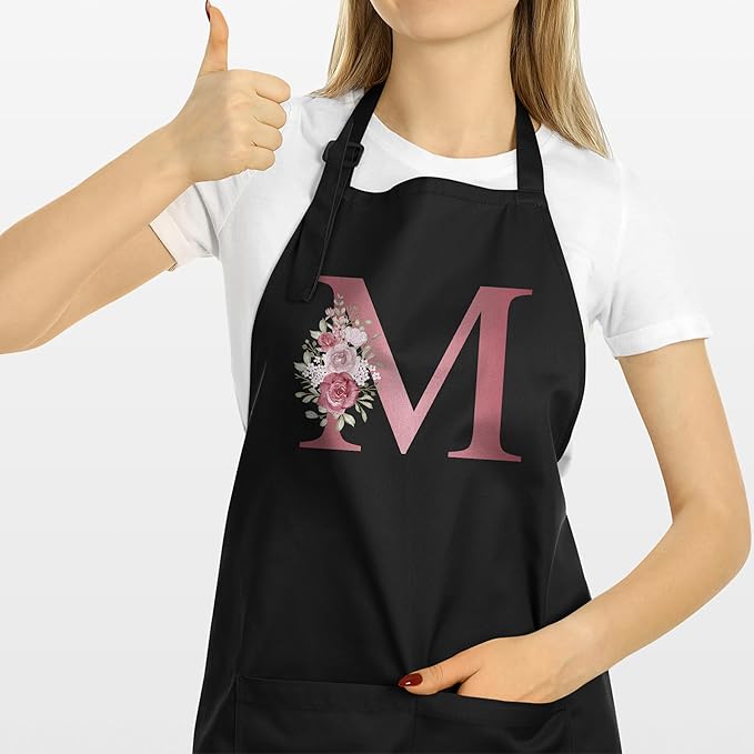 ROKO CLOTHING Personalized Initials Apron with Pockets Custom Kitchen Aprons Women for Baking Cooking Adjustable Neck Waist