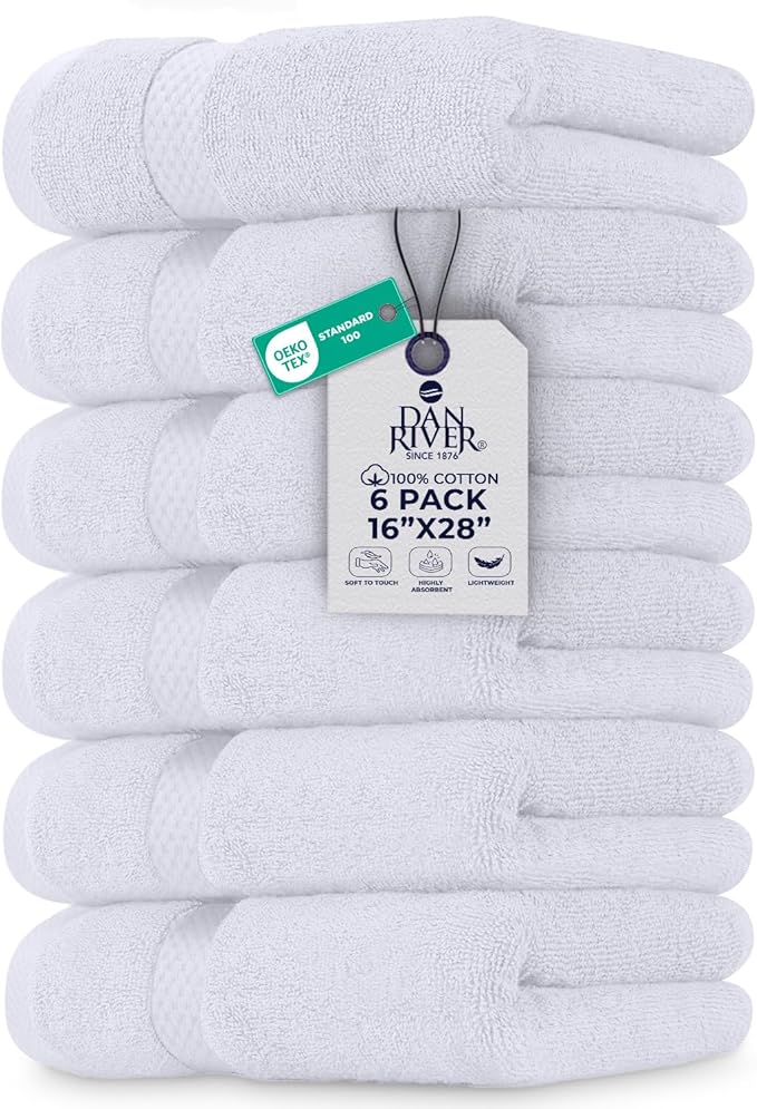 DAN RIVER 6-Pack Premium Hand Towels (16x28 Inches) - 100% Cotton, Ultra Soft, Lightweight, Highly Absorbent Towels for Bathroom, Spa, Gym, Salon, Hotel, and Travel - White